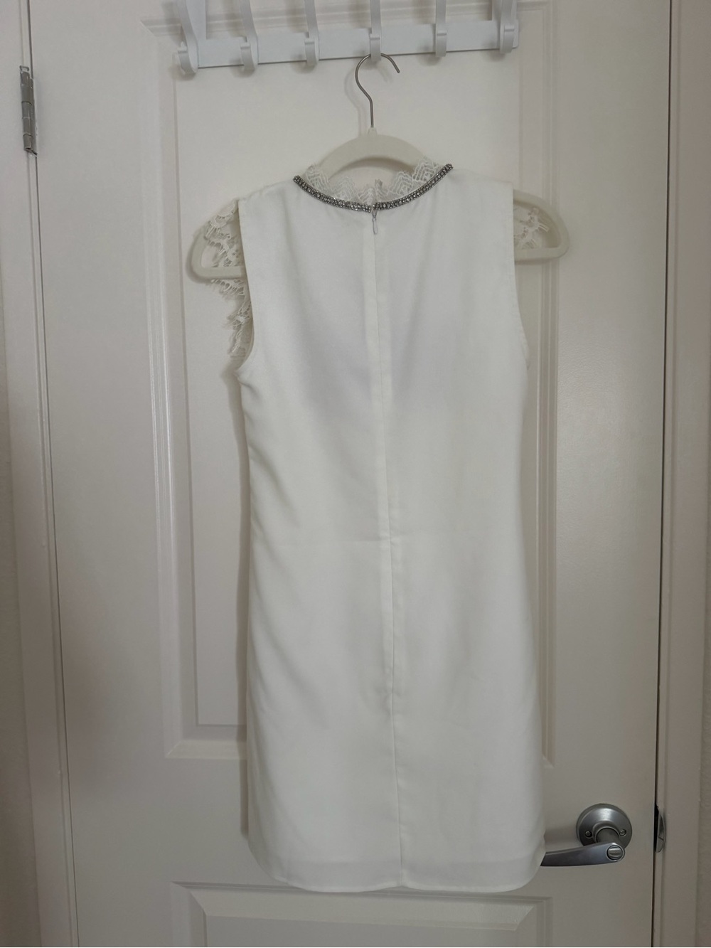 Self-Portrait White Lace-Front Mini Dress with Silver Trim - Picture 3 of 4